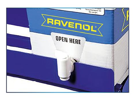 Envase de aceite Ravenol de 20 litros, en caja de cartón y el producto dentro en una bolsa con grifo.