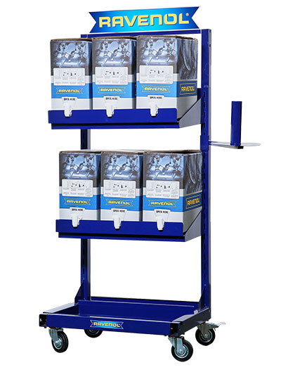 Carro de exhibición azul con cajas de productos Ravenol organizadas en tres estantes.