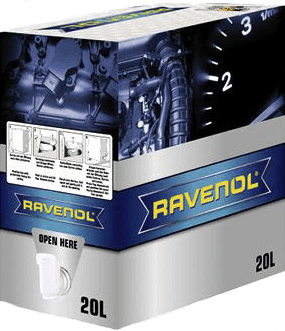 Envase de aceite Ravenol de 20 litros, en caja de cartón y el producto dentro en una bolsa con grifo.